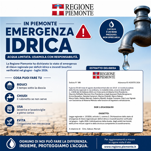 EMERGENZA IDRICA IN PIEMONTE. Limitazione consumi acqua potabile nel territorio comunale
